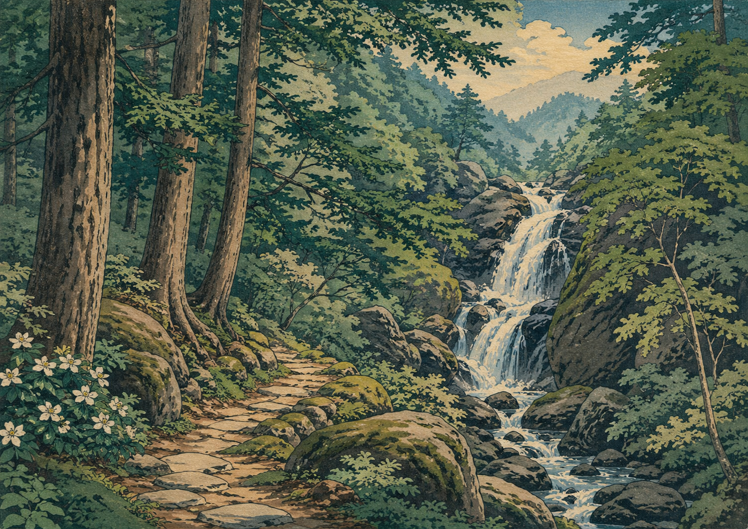 ヘムロックに囲まれた森の滝道と岩を流れる水を描いた日本木版画風のシェナンドー風景